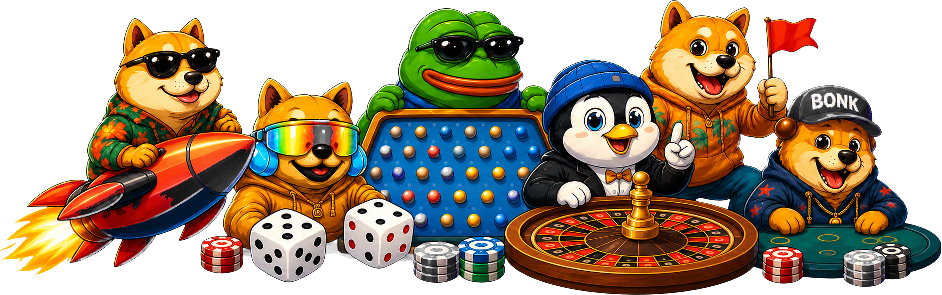 Doge, Pepe, Pengu, Mog, Shiba, and Bonk playing together at the MemeSino casino